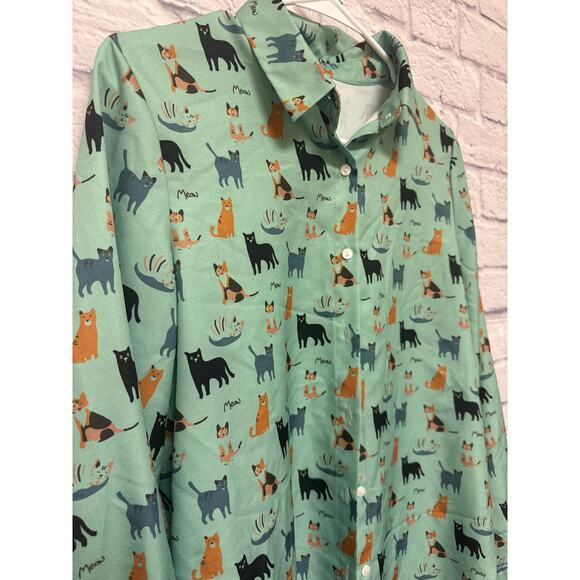 Mint Green Women's Cat Meow Long Sleeve Button Up Blouse Top SZ Small Unbranded - Picture 2 of 3
